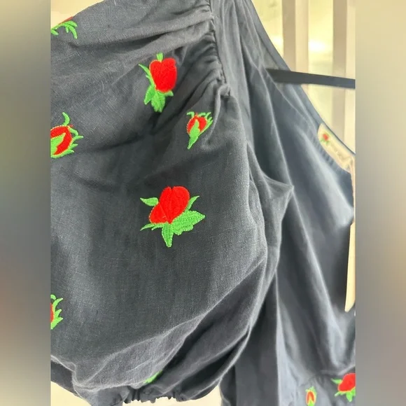 Fanm Mon 100% Linen Blue One-Shoulder Dress with Floral Embroidery